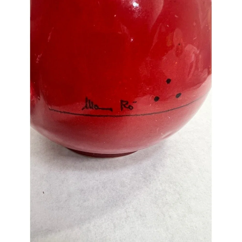 Handmade Red Glazed Ceramic Pitcher Pinched Spout Signed M Ro Studio Pottery